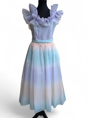 Pastel Ombre Rainbow Organza Ruffle Gown | 1970s Fairycore Bridal Dress